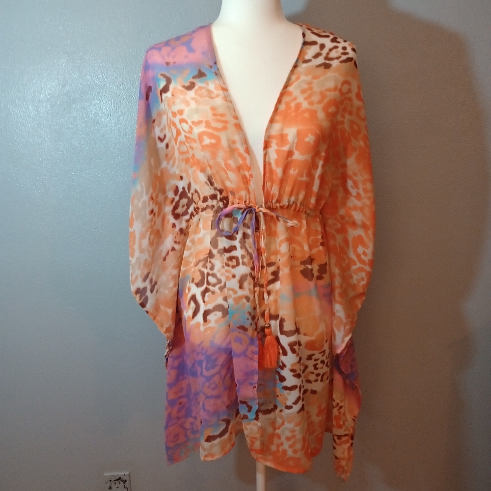 Tropical Animal Print Resort Wear Sheer Swim Coverup, Beachy Kimono Medium